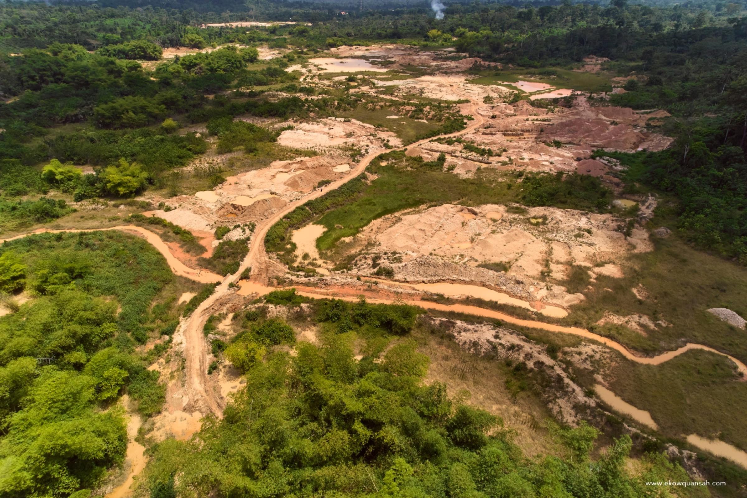Arial view degraded land caused by illegal mining (galamsey), Woroworoso. April 2023.